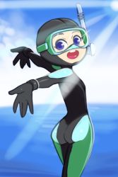 Rule 34 | 1girl, ass, black gloves, black one-piece swimsuit, blue eyes, bodysuit, borrowed character, cloud, diving mask, diving suit, drantyno, from behind, gloves, goggles, highres, light rays, looking at viewer, looking back, ocean, one-piece swimsuit, open mouth, sky, smile, snorkel, sparkle, standing, sun, sunbeam, sunlight, swimsuit, teeth, water, wetsuit
