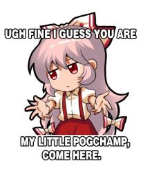 Rule 34 | 1girl, bow, chibi, closed mouth, collared shirt, commentary, english commentary, english text, fujiwara no mokou, hair bow, jokanhiyou, long hair, meme, my little pogchamp (meme), pants, puffy short sleeves, puffy sleeves, red eyes, red pants, shirt, short sleeves, simple background, solo, suspenders, touhou, very long hair, white background, white hair, white shirt