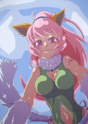 Rule 34 | 1girl, animal ears, breasts, cat ears, cat tail, closed mouth, clothing cutout, gloves, highres, kaien advance, leotard, long hair, looking at viewer, medium breasts, navel, navel cutout, perisie (star ocean), pink hair, ponytail, smile, solo, star ocean, star ocean first departure, tail