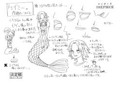 Rule 34 | 1girl, absurdres, arm support, breasts, camie (one piece), character sheet, crop top, full body, highres, large breasts, lips, looking at viewer, mermaid, monochrome, monster girl, multiple views, official art, one piece, parted lips, scales, scan, shirt, short hair, simple background, star (symbol), t-shirt, toei animation, translation request, wet, white background