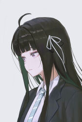 Rule 34 | 1girl, absurdres, ahoge, awa subaru, black hair, black jacket, blue necktie, c1718259, chinese commentary, collared shirt, commentary request, diagonal-striped clothes, diagonal-striped necktie, girls band cry, hair ribbon, highres, jacket, long hair, mixed-language commentary, necktie, open clothes, open jacket, parted lips, partial commentary, purple eyes, ribbon, school uniform, shadow, shirt, sidelocks, simple background, solo, striped clothes, ui (blue archive), upper body, white background, white ribbon, white shirt