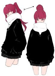 Rule 34 | 1girl, black sweater, blush, covered mouth, cropped legs, enpera, grey skirt, hair bun, heart, highres, long hair, looking at viewer, multiple views, original, pleated skirt, ponytail, red eyes, red hair, scarf, school uniform, shirt, simple background, skirt, sweater, ui 1231, white background, white scarf, white shirt