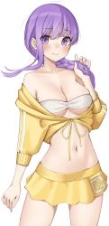 Rule 34 | 1girl, absurdres, asymmetrical hair, bandeau, bare shoulders, bb (fate), bb (fate) (all), bb (swimsuit mooncancer) (fate), bb (swimsuit mooncancer) (first ascension) (fate), blush, braid, breasts, cleavage, collarbone, cropped jacket, fate/grand order, fate (series), highres, jacket, kopaka (karda nui), large breasts, long hair, long sleeves, looking at viewer, midriff, miniskirt, purple eyes, purple hair, single braid, skirt, solo, thighs, very long hair, yellow jacket, yellow skirt