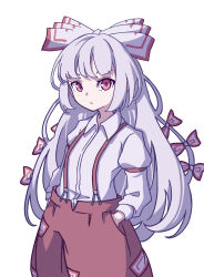 Rule 34 | 1girl, absurdres, baggy pants, bow, buttons, collared shirt, fujiwara no mokou, hair bow, highres, hime cut, kame (kamepan44231), long hair, long sleeves, ofuda, ofuda on clothes, one-hour drawing challenge, pants, red eyes, red pants, ribbon, shirt, sidelocks, simple background, sleeve garter, solo, suspenders, touhou, very long hair, white background, white bow, white hair, white shirt