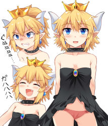 Rule 34 | 1girl, :d, ^ ^, aged down, arms behind back, bare arms, bare shoulders, black collar, blonde hair, blue eyes, blush, bowsette, bracelet, breasts, brooch, cleavage, clenched teeth, closed eyes, collar, collarbone, commentary request, cowboy shot, cropped torso, crown, dress, e.o., earrings, expressions, fang, hair between eyes, half updo, horns, jewelry, looking at viewer, mario (series), mini crown, multiple views, new super mario bros. u deluxe, nintendo, open mouth, panties, pink panties, pointy ears, short hair, simple background, small breasts, smile, spiked bracelet, spiked collar, spikes, standing, strapless, strapless dress, super crown, teeth, thighs, translation request, underwear, upper body, v-shaped eyebrows, white background