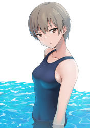 Rule 34 | 1girl, blue one-piece swimsuit, breasts, brown eyes, collarbone, expressionless, from side, grey hair, hair between eyes, hashi, looking at viewer, medium breasts, one-piece swimsuit, original, partially submerged, school swimsuit, short hair, swimsuit, tomboy, upper body, water, white background