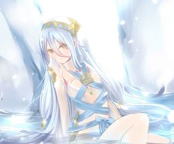 Rule 34 | 1girl, azura (fire emblem), blue hair, blue ribbon, blue theme, bow, breasts, colored eyelashes, dancer, dress, elbow gloves, female focus, fire emblem, fire emblem fates, gloves, hair between eyes, jewelry, long hair, looking at viewer, low-tied long hair, necklace, nintendo, ribbon, rojiura-cat, solo, sunlight, veil, very long hair, water, yellow eyes