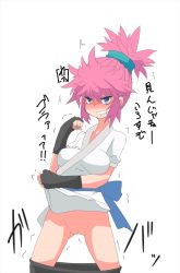 Rule 34 | 1girl, anger vein, angry, aqua ribbon, black gloves, black skirt, blue eyes, blush, breasts, clenched hands, clenched teeth, clothes lift, clothes pull, embarrassed, female focus, fingerless gloves, gloves, gluteal fold, hair ribbon, hand up, highres, hunter x hunter, japanese clothes, japanese text, kimono, kimono lift, legs apart, lifted by self, machi komacine, medium breasts, nose blush, obi, pink hair, pussy, ribbon, sash, short hair, simple background, skirt, skirt pull, solo, standing, sweat, t=k, talking, teeth, text focus, topknot, translation request, trembling, uncensored, white background, white kimono