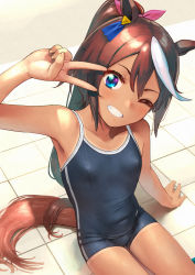 Rule 34 | 1girl, animal ears, bare arms, bare shoulders, blue eyes, blue one-piece swimsuit, blush, breasts, brown hair, collarbone, commentary request, grin, hair flaps, highres, horse ears, horse girl, horse tail, long hair, looking at viewer, multicolored hair, one-piece swimsuit, one eye closed, open mouth, ponytail, poolside, school swimsuit, shiden (sashimi no wife), sitting, small breasts, smile, solo, streaked hair, swimsuit, tail, tan, tanline, teeth, tokai teio (umamusume), two-tone hair, umamusume, v, white hair