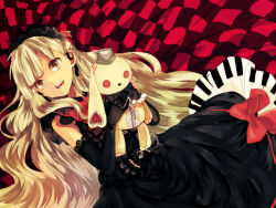 Rule 34 | 1girl, black dress, black headwear, blonde hair, center frills, commentary request, dress, elbow gloves, frills, gloves, holding, holding stuffed toy, long hair, looking at viewer, lying, mayu (vocaloid), minazuki (0038), on back, open mouth, piano print, red ribbon, ribbon, sleeveless, sleeveless dress, smile, solo, stuffed animal, stuffed toy, very long hair, vocaloid, yellow eyes