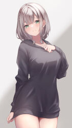 Rule 34 | 1girl, black sweater, blush, braid, breasts, closed mouth, clothes tug, commentary request, cowboy shot, green eyes, grey hair, hand on own chest, highres, hololive, large breasts, long sleeves, looking at viewer, rtomch, shirogane noel, short hair, solo, sweater, sweater tug, virtual youtuber