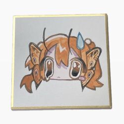 Rule 34 | 1girl, antennae, butterfly wings, closed mouth, dripping eye, hair between eyes, head only, head wings, insect wings, looking at viewer, momose kikuka, orange eyes, orange hair, original, shikishi, simple background, single blush sticker, solo, sweatdrop, white background, wings