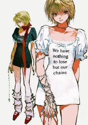 Rule 34 | 1other, androgynous, black dress, blonde hair, bow, brown eyes, chain, chain necklace, collarbone, cowboy shot, dress, english text, frilled dress, frilled socks, frills, full body, highres, huangdanlan, hunter x hunter, jewelry, kurapika, looking at viewer, necklace, other focus, red footwear, red scarf, scarf, scarf bow, short dress, short hair, simple background, socks, white background, white dress
