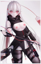 Rule 34 | 1girl, absurdres, arknights, armband, bad id, bad pixiv id, bag, bare shoulders, binggong asylum, black jacket, black pantyhose, blood, blood bag, braid, breasts, breasts out, chinese commentary, commentary request, cowboy shot, cross, cross earrings, crown braid, earrings, eyelashes, fang, fang out, hair between eyes, hair ornament, highres, holding, holding staff, jacket, jewelry, long hair, long sleeves, looking at viewer, nipples, pale skin, pantyhose, parted lips, pink eyes, pointy ears, pouch, small breasts, solo, staff, standing, thigh pouch, thigh strap, thighband pantyhose, thighs, vampire, very long hair, vial, warfarin (arknights), white hair