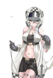 Rule 34 | 1girl, absurdres, animal ears, arknights, bad id, bad pixiv id, bandeau, bare shoulders, black bandeau, black shorts, cabbie hat, cliffheart (arknights), commentary request, cowboy shot, gloves, grey eyes, grey gloves, hair between eyes, hat, highres, korean commentary, leopard ears, leopard tail, looking at viewer, midriff, navel, short hair, shorts, signature, silver hair, simple background, sleeveless, smile, solo, ssabbeolle, standing, stomach, strapless, tail, tube top, white background, white hat