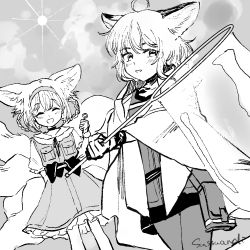 Rule 34 | ahoge, alternate costume, animal ears, arknights, braid, bubble wand, commentary, cowboy shot, dress, dutch angle, fox ears, fox girl, fox tail, greyscale, hairband, holding, jacket, kitsune, looking at viewer, material growth, monochrome, net, open clothes, open jacket, oripathy lesion (arknights), pantyhose, pouch, shirt, short hair, short hair with long locks, skirt, sun, sussurro (arknights), sutoa, suzuran (arknights), suzuran (let&#039;s carnival!) (arknights), tail