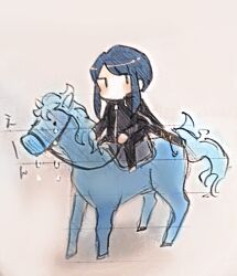 Rule 34 | 1other, animal, black coat, black eyes, black pants, blue hair, blue skin, bridle, coat, colored skin, crying, horse, horseback riding, library of ruina, lobotomy corporation, looking to the side, pale skin, pants, paper, porccu 200g, project moon, riding, sheath, short hair, sidelocks, simple background, sketch, the bookhunter, white background