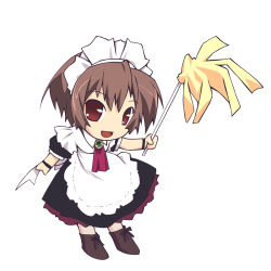Rule 34 | 1girl, :d, brown eyes, brown hair, chibi, chibi only, cleaning, duster, looking at viewer, maid, maid headdress, murakami suigun, open mouth, short hair, simple background, smile, solo