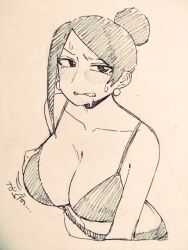 Rule 34 | ass, asymmetrical bangs, bare shoulders, bijin onna joushi takizawa-san, bikini, blush, bouncing breasts, breasts, cleavage, clenched teeth, collarbone, earrings, hair bun, holding, holding own breast, jewelry, large breasts, long bangs, looking at viewer, mole, mole under mouth, parted bangs, parted lips, standing, swimsuit, takizawa kyouko, teeth, underwear, upper body, wide hips, yan-baru