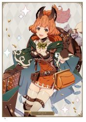 Rule 34 | 1girl, :d, animal ears, argyle, argyle background, argyle clothes, artist name, ayt, bag, belt, bow, bowtie, breasts, brown eyes, brown gloves, brown hair, card (medium), character name, cleavage, dress, gloves, granblue fantasy, green bow, green bowtie, highres, karteira, long hair, looking at viewer, medium breasts, open mouth, orange dress, page number, ponytail, shiny clothes, short dress, smile, solo, standing, thigh strap, thighhighs, white thighhighs