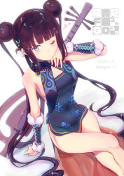 Rule 34 | 1girl, absurdres, bare shoulders, blue dress, blue eyes, blunt bangs, blush, breasts, china dress, chinese clothes, crossed legs, detached sleeves, double bun, dress, fate/grand order, fate (series), hair bun, hair ornament, hand on own chest, hand up, heart, highres, leaf hair ornament, long hair, looking at viewer, medium breasts, one eye closed, open mouth, pipa (instrument), purple hair, rorigahaku, sidelocks, simple background, sitting, solo, sparkle, twintails, very long hair, white background, yang guifei (fate), yang guifei (first ascension) (fate), yang guifei (second ascension) (fate)