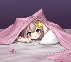 Rule 34 | 1girl, annytf, bed, bed sheet, brown eyes, brown hair, covering with blanket, fox girl, fox tail, hair ornament, hair spread out, hand in own hair, hand on own head, highres, indie virtual youtuber, looking at viewer, lying, on bed, on stomach, open mouth, phlyo, purple background, simple background, star (symbol), star hair ornament, tail, under covers, virtual youtuber