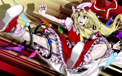 Rule 34 | 1girl, ascot, blonde hair, female focus, flandre scarlet, flying, hat, highres, kicking, outstretched arms, pale skin, red eyes, shoes, side ponytail, smile, socks, solo, speed lines, touhou, umami (sakeikura), wings
