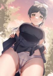 Rule 34 | 1girl, 3:, absurdres, blush, bow, breasts, cameltoe, cleft of venus, closed mouth, clothes lift, cowboy shot, day, dress, dress lift, from below, gluteal fold, hair bow, hazuki ren, highres, kazepana, large breasts, lifting own clothes, long hair, looking at viewer, looking down, love live!, love live! superstar!!, outdoors, panties, pink sky, ponytail, short sleeves, signature, sky, underwear, white bow, white panties