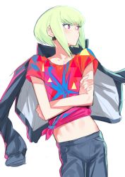 Rule 34 | 1boy, absurdres, bad id, bad twitter id, crossed arms, earrings, green hair, highres, jacket, jacket on shoulders, jewelry, lio fotia, male focus, midriff, promare, purple eyes, shirt, short hair, solo, suisogenshi, t-shirt