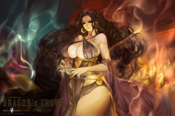 Rule 34 | 1girl, bare shoulders, breasts, brown eyes, brown hair, dragon&#039;s crown, earrings, fantchi, highres, huge breasts, jewelry, long hair, looking at viewer, morgan rizilia, smile, solo, thick thighs, thighs, very long hair, wide hips