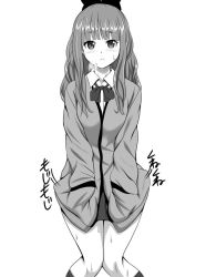 Rule 34 | 1girl, blunt bangs, blush, bow, bowtie, breath, closed mouth, female focus, greyscale, hair bow, have to pee, jacket, japanese text, keitoku, knees together feet apart, long hair, long sleeves, looking at viewer, miniskirt, monochrome, motion lines, original, shirt, simple background, skirt, solo, standing, sweat, translation request, white background