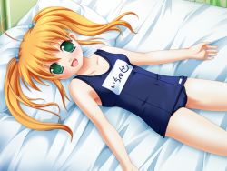 Rule 34 | 1girl, bed, blonde hair, cameltoe, fang, game cg, green eyes, ichinose marin, long hair, lying, name tag, non-web source, ojousama kumikyoku, one-piece swimsuit, pillow, school swimsuit, solo, swimsuit, tatsumi neon, twintails