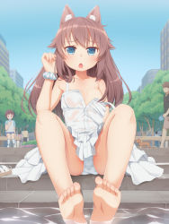 Rule 34 | 1girl, :o, animal ears, bare shoulders, barefoot, blue eyes, blue sky, blush, breasts, brown hair, building, chestnut mouth, city, collarbone, day, dog, dog ears, pet walking, dress, feet, food, highres, leash, long hair, looking at viewer, no bra, original, outdoors, panties, pantyshot, park, paw print, people, popsicle, raglan sleeves, ringed eyes, sandals, unworn sandals, scrunchie, sitting, sitting on stairs, sky, sleeveless, sleeveless dress, small breasts, soaking feet, soles, solo focus, stairs, strap slip, sundress, tachimi (basue), toes, tree, unbuttoned, underwear, water, wet, wet clothes, wet dress, white dress, white panties, wrist scrunchie
