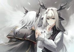 Rule 34 | 2girls, alina (arknights), animal ears, antlers, arknights, black cape, black vest, blue eyes, cape, chinese commentary, commentary, deer antlers, deer ears, deer girl, dragon horns, finger to own chin, grey background, grey hair, hair intakes, highres, horns, kiss, kissing hand, long hair, looking at another, luren max, multiple girls, shirt, smile, spoilers, talulah (arknights), talulah the fighter (arknights), upper body, vest, white shirt, yuri