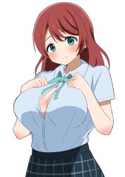 Rule 34 | 1girl, alternate hairstyle, aqua eyes, blush, breasts, brown hair, cleavage, closed mouth, emma verde, freckles, goa1126, hair down, highres, large breasts, long hair, looking at viewer, love live!, love live! nijigasaki high school idol club, nijigasaki academy school uniform, open clothes, open shirt, school uniform, simple background, skirt, smile, solo, standing, white background