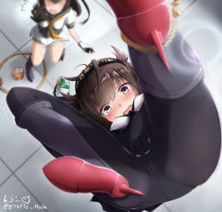 Rule 34 | 2girls, ^^^, absurdres, akizuki (kancolle), black hair, blush, bodysuit, brown hair, cameltoe, commentary request, corset, cup ramen, donbee (food), donbei kitsune udon, donbei tempura soba, from above, giraffe (ilconte), hair flaps, hairband, hatsuzuki (kancolle), highres, instant soba, instant udon, kantai collection, lens flare, long hair, midair, multiple girls, neckerchief, nissin donbei, open mouth, outstretched hand, pantyhose, pantylines, ponytail, rope, rudder footwear, short hair, signature, twitter username, upside-down, upskirt, wavy mouth, yellow eyes