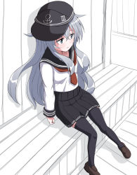 Rule 34 | 1girl, black skirt, black thighhighs, blue eyes, brown footwear, feet out of frame, flat cap, from above, from side, grey hair, hat, hibiki (kancolle), kantai collection, loafers, long hair, long sleeves, looking to the side, neckerchief, partially colored, pleated skirt, red neckerchief, school uniform, serafuku, shoes, sitting, skirt, solo, thighhighs, tottsan