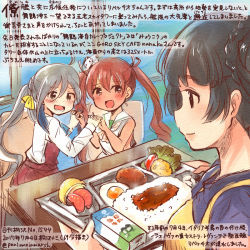 Rule 34 | 10s, 3girls, :d, ahoge, apron, black eyes, black hair, blue eyes, blue hair, brown eyes, brown hair, colored pencil (medium), commentary request, curry, curry rice, dated, dress, egg (food), food, fried egg, fruit, grey hair, holding, kantai collection, kirisawa juuzou, kiyoshimo (kancolle), libeccio (kancolle), long hair, long sleeves, low twintails, milk, multicolored hair, multiple girls, myoukou (kancolle), numbered, open mouth, purple dress, rice, sailor collar, shirt, short hair, sitting, sleeveless, sleeveless dress, smile, teeth, traditional media, translation request, twintails, twitter username, white dress, white sailor collar, white shirt