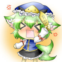 Rule 34 | &gt; &lt;, 1girl, :3, anger vein, animal ears, arm up, bad id, bad pixiv id, blush, chibi, dog ears, dog tail, expressive clothes, closed eyes, fang, female focus, green hair, hat, kemonomimi mode, open mouth, rebecca (keinelove), rod of remorse, shiki eiki, shirt, short hair, skirt, solo, tail, tail wagging, touhou, wavy mouth