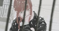 Rule 34 | 1girl, braid, chainsaw man, guard rail, hand on own face, highres, looking at viewer, makima (chainsaw man), power lines, red hair, ringed eyes, snow, snowing, solo, sttt5s, yellow eyes