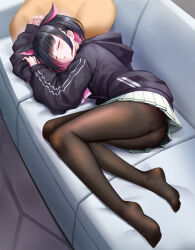 Rule 34 | 1girl, animal ears, ass, black hair, black hoodie, black pantyhose, blue archive, cat ears, closed eyes, colored inner hair, commentary request, couch, dtcy, extra ears, full body, highres, hood, hood down, hoodie, indoors, kazusa (blue archive), long sleeves, lying, multicolored hair, no shoes, on couch, on side, pantyhose, pink hair, pleated skirt, short hair, skirt, sleeping, solo, variant set, white skirt
