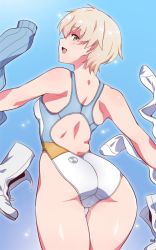 Rule 34 | 1girl, ass, blonde hair, blue background, boots, competition swimsuit, em (totsuzen no hakike), from behind, gradient background, green eyes, hanna wind, looking at viewer, one-piece swimsuit, short hair, smile, solo, strike witches: aurora no majo, swimsuit, thigh gap, thighs, undressing, unworn boots, unworn sweater, world witches series