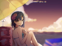 Rule 34 | 1girl, :o, bikini, blue hair, blurry, blurry foreground, book, braid, cocktail glass, cup, dark blue hair, depth of field, drinking glass, flower, frilled bikini, frills, hair flower, hair ornament, halterneck, highres, holding, holding book, idolmaster, idolmaster million live!, knee up, looking at viewer, looking back, nanao yuriko, nnnn, outdoors, short hair, sitting, solo, sunset, swimsuit, yellow eyes