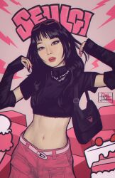 Rule 34 | 1girl, absurdres, april jubilees, belt, black hair, black shirt, cake, cargo pants, commentary, crop top, cropped shirt, dated commentary, detached sleeves, english commentary, food, grey eyes, head tilt, highres, ice cream, jewelry, k-pop, long hair, midriff, navel, necklace, pants, parted lips, pink belt, pink nails, pink pants, real life, red lips, red velvet (group), seulgi (red velvet), shirt, sleeves past wrists, solo