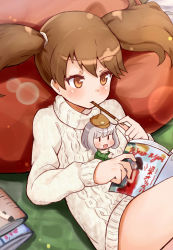 Rule 34 | 2girls, absurdres, book, brown eyes, brown hair, chibi, fairy (kancolle), food, hair tie, highres, kantai collection, mini person, minigirl, multiple girls, okitsugu, open mouth, pocky, pointing, reading, ryuujou (kancolle), smile, sweater, turtleneck, turtleneck sweater, twintails
