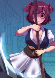 Rule 34 | 114514, 1girl, blue kimono, breasts, brown sash, cleavage, closed mouth, coin, coin on string, commentary, cookie (touhou), cowboy shot, fuka (kantoku), hair bobbles, hair ornament, highres, holding, holding scythe, holed coin, indoors, japanese clothes, kimono, large breasts, looking at viewer, mole, mole on breast, monochrome background, obi, onozuka komachi, puffy short sleeves, puffy sleeves, red eyes, red hair, sash, scythe, shaded face, shishou (cookie), short hair, short sleeves, smile, solo, touhou, two side up