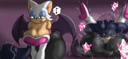 Rule 34 | 1boy, 1girl, ass, blush, breasts, clothed sex, clothes, enigi09, heart, highres, huge breasts, large penis, mating press, musical note, open mouth, penis, rouge the bat, sex, sonic (series), speech bubble