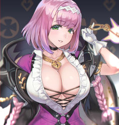 Rule 34 | 1girl, black choker, black jacket, blush, breasts, choker, cleavage, collarbone, cropped, frills, gloves, green eyes, heart-shaped lock, heart padlock, highres, jacket, jewelry, key, keyring, large breasts, lock, looking at viewer, necklace, o-ring, ookuma nekosuke, original, parted lips, patterned, patterned background, pink hair, short hair, smile, solo, sparkle, upper body, white gloves