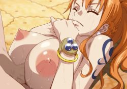 Rule 34 | 1boy, 1girl, bracelet, breasts, breasts squeezed together, censored, closed eyes, closed mouth, earrings, hetero, high ponytail, jewelry, kyabakurabakufu, large areolae, large breasts, long hair, lying, mosaic censoring, nami (one piece), nipples, nude, on back, one piece, orange hair, paizuri, penis, ponytail, puffy areolae, solo focus, straddling, straddling paizuri, sweat, tattoo, upper body