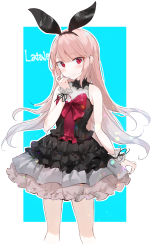 Rule 34 | 1girl, absurdres, arm at side, bad id, bad pixiv id, bare arms, bare shoulders, black dress, black hairband, black ribbon, blue background, blush, bow, character request, closed eyes, closed mouth, copyright request, cropped legs, dress, hairband, hand up, highres, layered dress, long hair, looking at viewer, pink hair, purple bow, purple neckwear, red eyes, ribbon, sabet (young ouo), sleeveless, sleeveless dress, slit pupils, smile, solo, two-tone background, very long hair, wrist cuffs